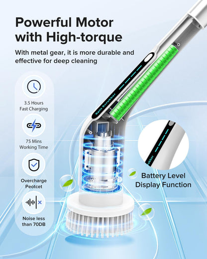 Electric Spin Scrubber, Cordless IPX7 Waterproof, Dual Speed Shower Scrubber with Adjustable Long Handle, 7 Replaceable Brush Heads for Bathroom, Bathtub, Tile Floor, Toilet, Kitchen & Car
