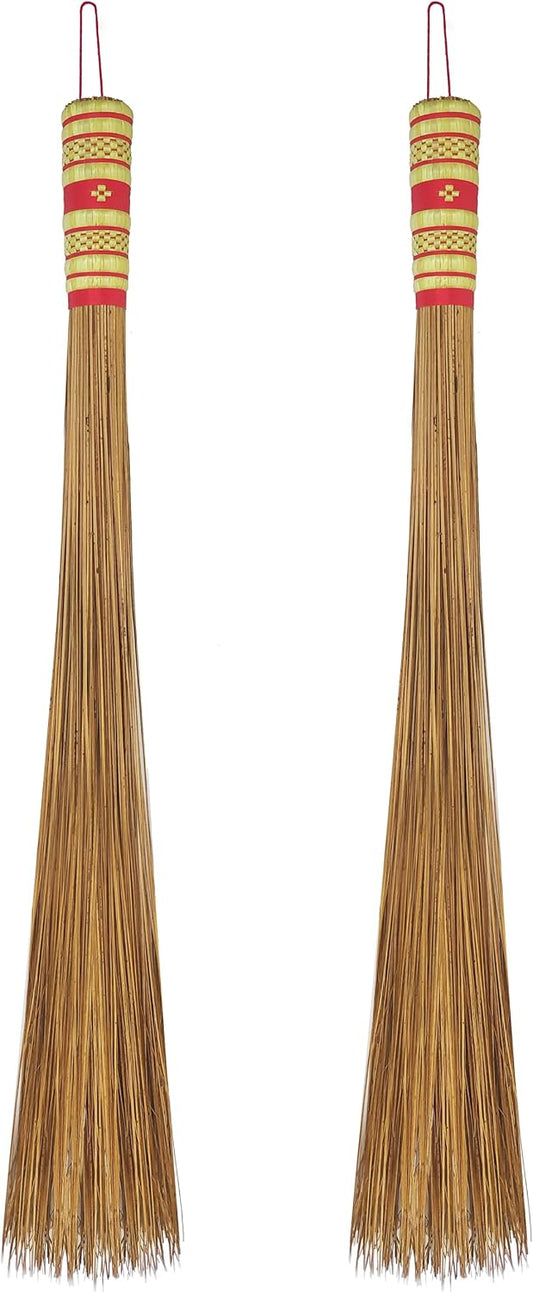 32 inch Multi-Surface Sturdy Outdoor Authentic Coconut Leaf Broom Asian Heavy Duty Broom Thai Natural Coconut Leaf Broom (Country Rustic) 1 Piece (2 piece)