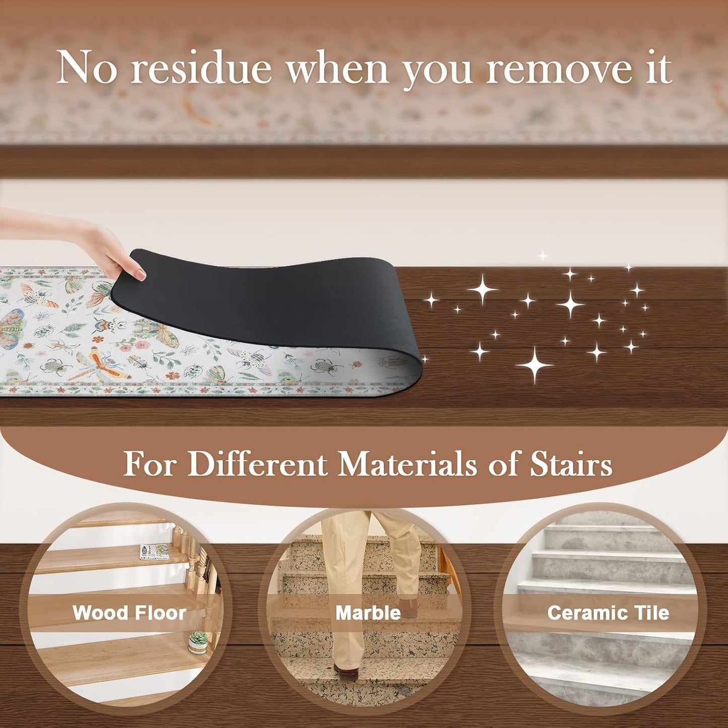 OJIA Insect Print Stair Treads Non Slip Stair Runners for Wooden Steps Indoor, 15PCS 8"x30" Rubber Backing Carpet Treads for Wood Stairs Staircase Step Treads for Kids & Dogs, Stair Covers, Black