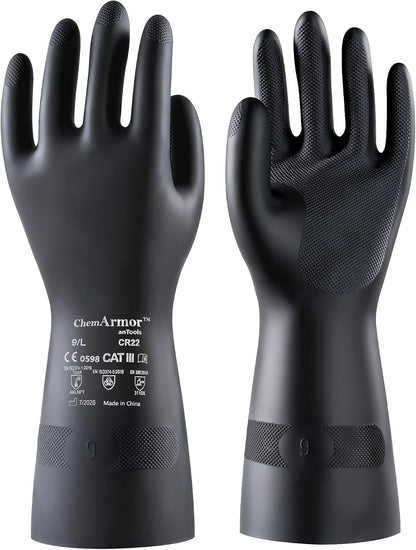 AnTools 2 Pairs Heavy-Duty Chemical Resistant Rubber Gloves, Protective Industrial Gloves for Cleaning, Dishwashing, Resist Acid, Alkali, Hazmat, Black, X-Large
