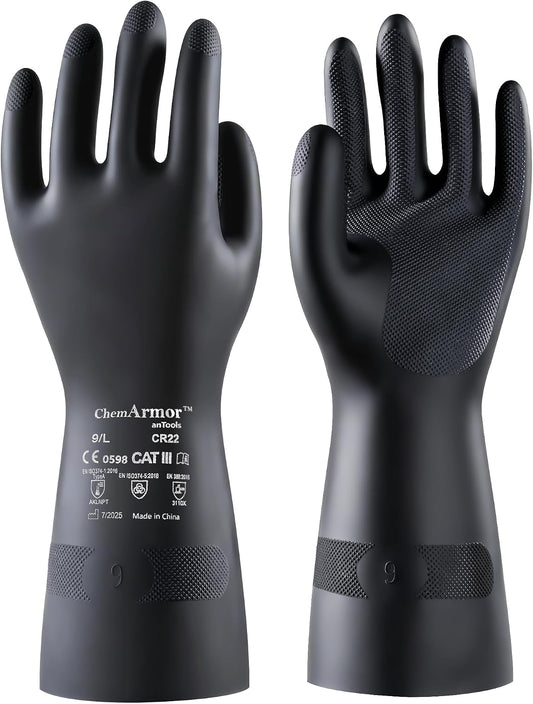 AnTools 2 Pairs Heavy-Duty Chemical Resistant Rubber Gloves, Protective Industrial Gloves for Cleaning, Dishwashing, Resist Acid, Alkali, Hazmat, Black, X-Large