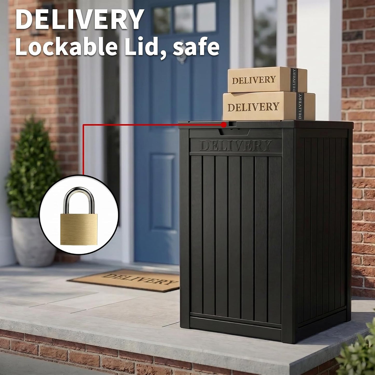 Package Delivery Box, Lockable Resin Outdoor Package, Waterproof Deck Box for Porches, Patios, Indoor & Outdoor Use (70 Gallon, Grey)