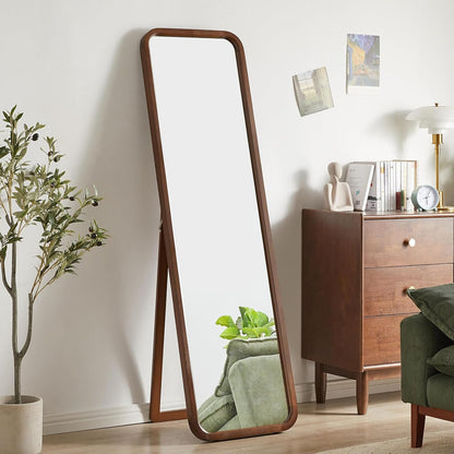 Anwick Full Length Floor Mirror Wood Frame Standing Mirror Walnut 63 in | Solid Wood Frame, Clear Float Glass, Adjustable Stand or Wall Mount, Rounded Walnut Finish for Bedroom or Dressing Room