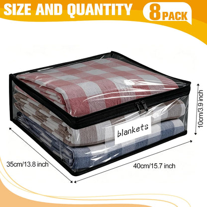Plastic Storage Bags with Easy-Glide Zipper, Pack of 8, Durable Clear Vinyl Zippered Storage Bags for Clothes Sweaters Comforters Blankets Sheets Bedding (15.7 x 13.8 x 3.9 Inch, White)