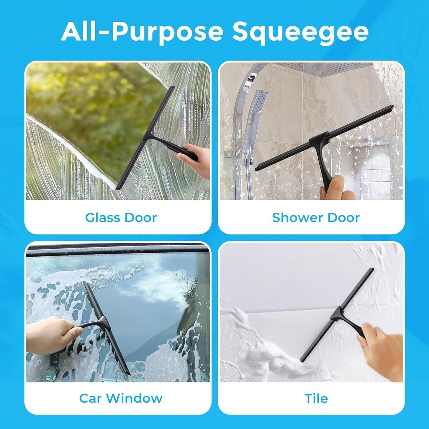 Quntis 10-Inch Matte Black Shower Squeegee for Glass Doors – Stainless Steel with Non-Slip Handle, Replacement Blade & Hook – Ideal for Bathroom, Mirrors, Tiles, and Car Windows