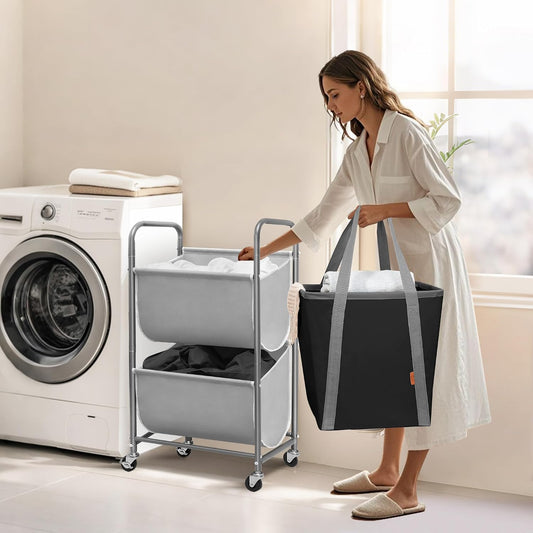 STORAGE MANIAC 120 Liters Vertical Rolling Laundry Hamper, 3 Section Laundry Sorter with Wheels and 2 Breaks, 3-tier Laundry Baskets for Small Space, Dorm, Laundry Room, Closet, Multicolored 3-tier