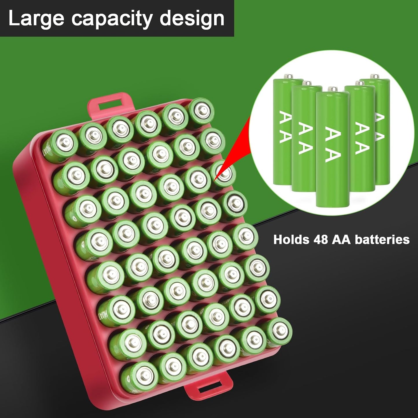 ALCYON Battery Organizer Storage Case, Battery Vault Box Container for 48pcs AA Batteries, Plastic Clear Protective Battery Holder for Travelling/Home/Office (Black, Large)