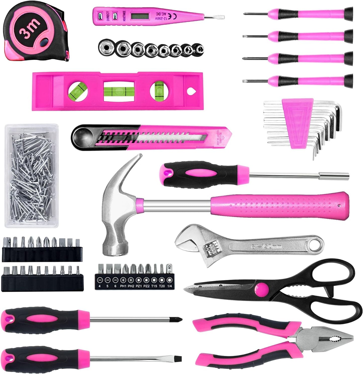 Pink Tool Set for Women,130 Piece Home Tool Kit for Women with 3.6V Cordless Rechargeable Screwdriver,Basic Household Tool Kit Set for New Home,Apartment,College Dorm & DIY Projects