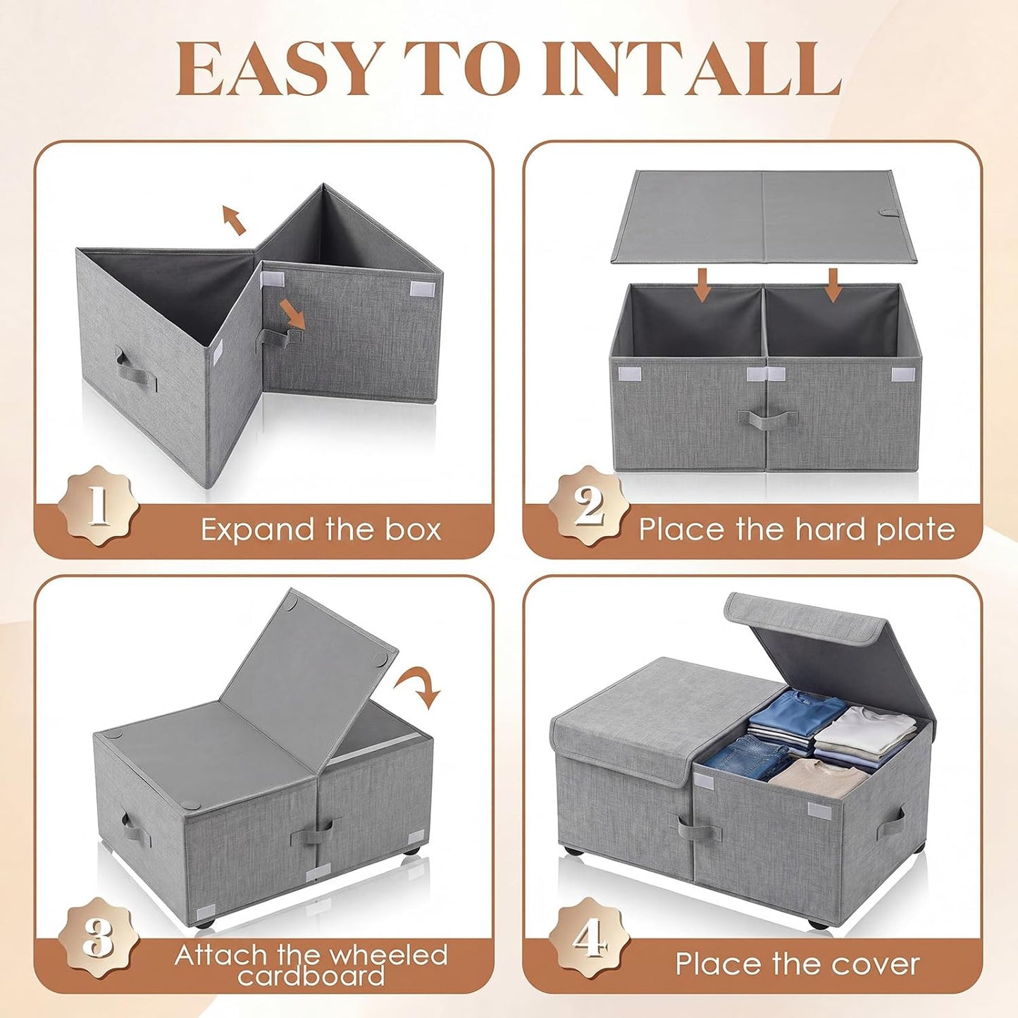 Geelin 4 Pack Under Bed Storage with Wheels, 10 Inch Height 65L Large Capacity Foldable Underbed Storage Bins with Lids & Handles, Easy Assembly Rolling Under Bed Containers for Clothes Blankets Shoes