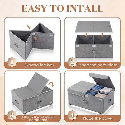 Geelin 4 Pack Under Bed Storage with Wheels, 10 Inch Height 65L Large Capacity Foldable Underbed Storage Bins with Lids & Handles, Easy Assembly Rolling Under Bed Containers for Clothes Blankets Shoes