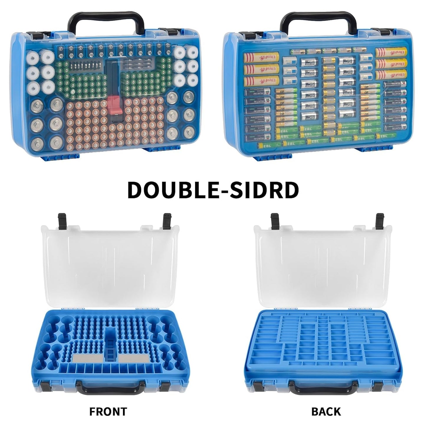 FULLCASE Double-Sided Battery Storage Organizer Case with BT-168 Tester, Holds 269, Fits AA AAA AAAA C D 9V 18650 CR123A CR2 23A 4LR44 and Coin Cells, Water-Resistant, Portable Handle - Deep Blue