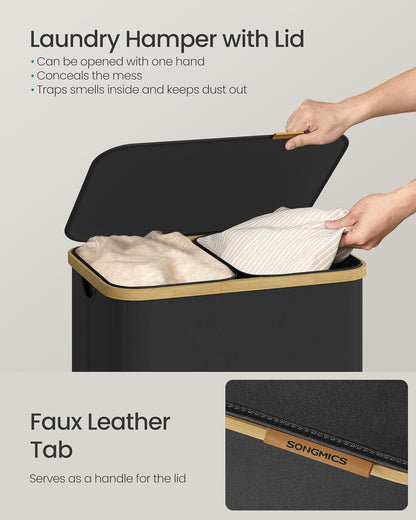 SONGMICS Laundry Hamper, Laundry Sorter with Lid, Storage Basket Bin, Removable Liners, Bamboo Frame, for Bedroom, 3 Sections, 44.9 Gal. (170 L), Ink Black ULCB533BH01