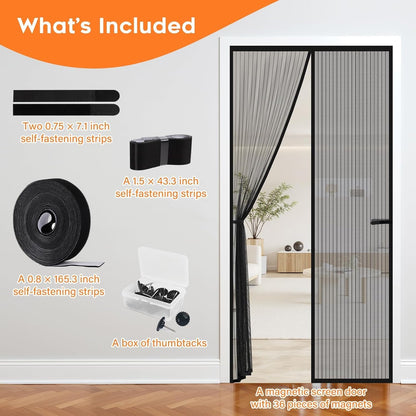 Magnetic Screen Door, Screen Door Mesh, Heavy-Duty Mesh Curtain, Door Net Keep Bugs Out, Hands Free Partition, Screen Size 38” × 83”, Fits 36” × 82” Doors, Pet & Kid Friendly, Black