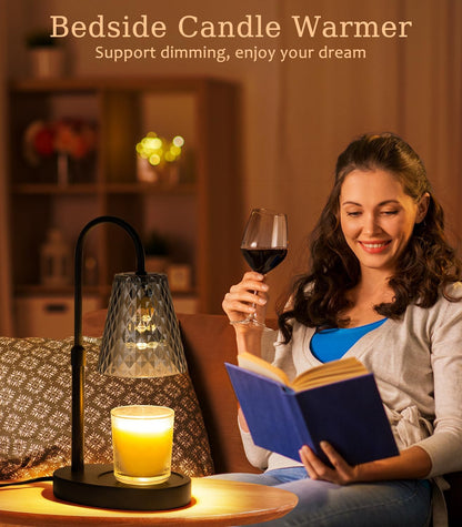 Candle Warmer Lamp with Timer - Electric Candles Wax Warmers Glass Lamps for Jar Candles Burner Adjustable Height and Dimmable Light Modern No Flame Scented Candle Warming Lantern, Amber