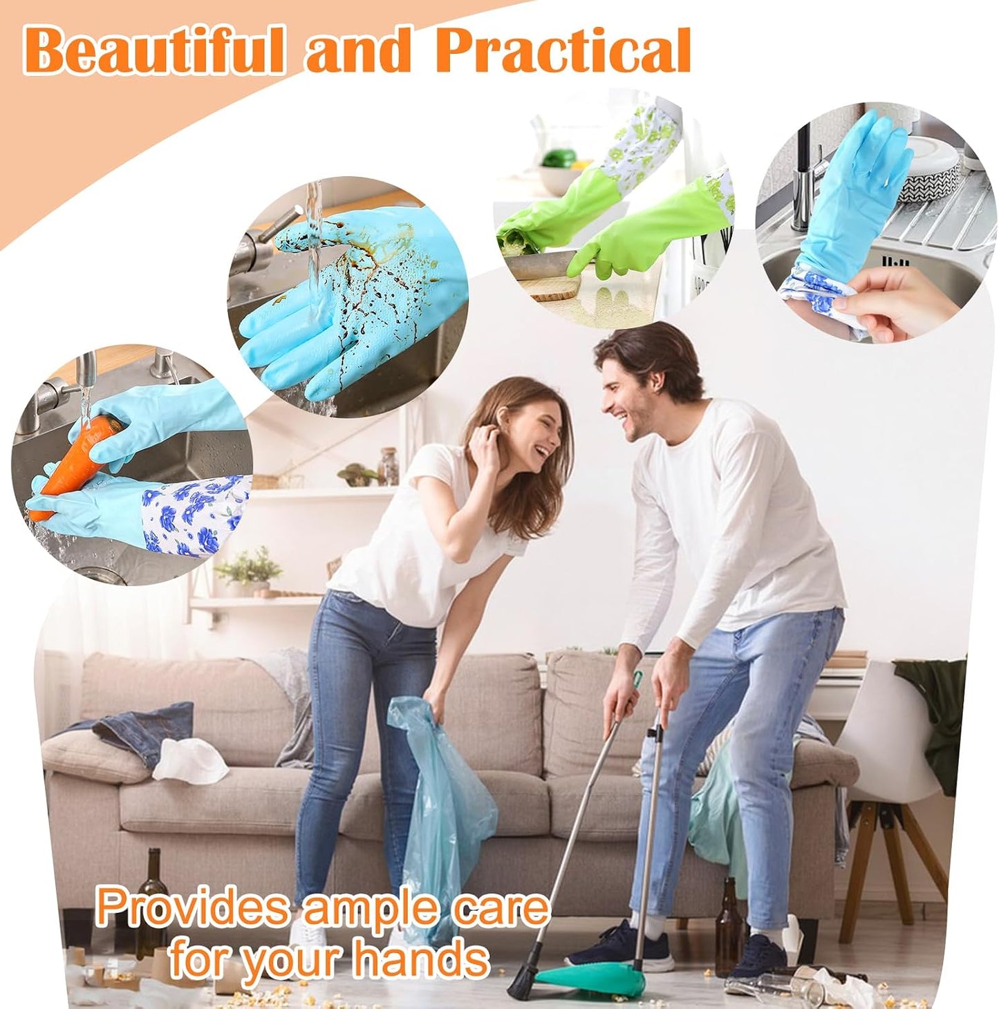3 Pairs Dishwashing Cleaning Gloves, Reusable Kitchen Long Rubber Gloves with Cotton Lined, Waterproof Non-Slip Latex-Free Household Glove for Laundry Cleaning Working Gardening (Flower)