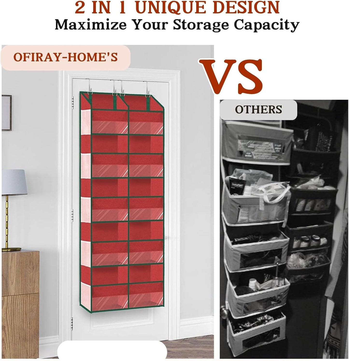 Over The Door Organizer, 5-Tier Extra Large Behind Door Storage with 10 Big Front & 10 Mesh Pockets, 80lb Capacity, Hanging Storage Organizer with Clear Window Kids Toys, Shoes, Diapers, Light Grey