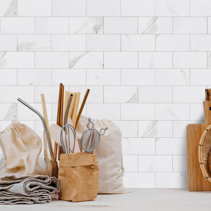 STICKGOO 100-Pieces Peel and Stick Backsplash, 3" x 6" PVC Wall Tile, Marble White Stick on Backsplash for Kitchen/Bathroom/Fireplace