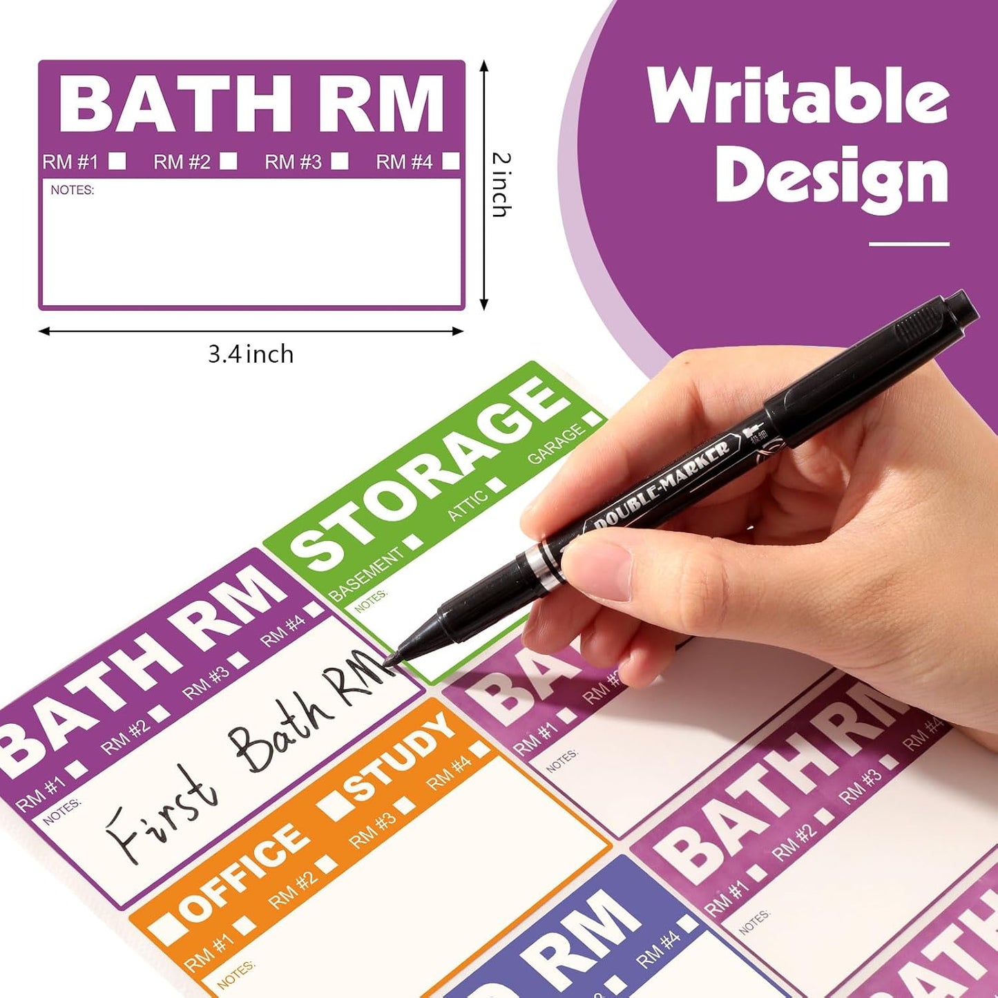 200 Count Removable Moving Labels, 3.4 x 2 in, 9 Colors with Pen | Waterproof Synthetic Paper, Writable, Tear Resistant, Color Coded Room Labels, Fragile/Heavy/Blank, Residue-Free Removal
