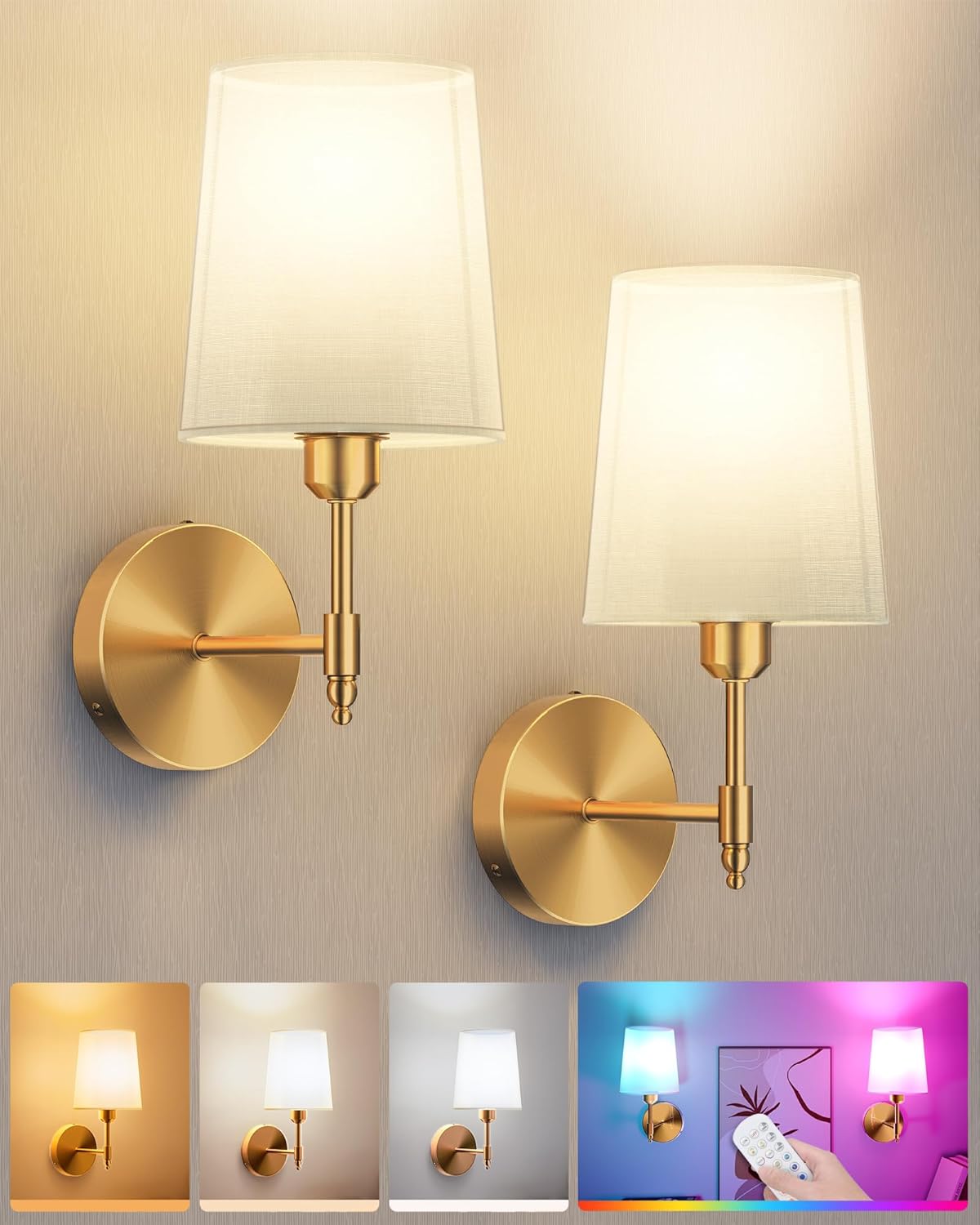 Ouyulong Battery Operated Wall Sconces Set of 2, Wireless Rechargeable Dimmable Wall Light with RGB Bulb and Remote for Bedroom, Living Room, Hallway (Gold)