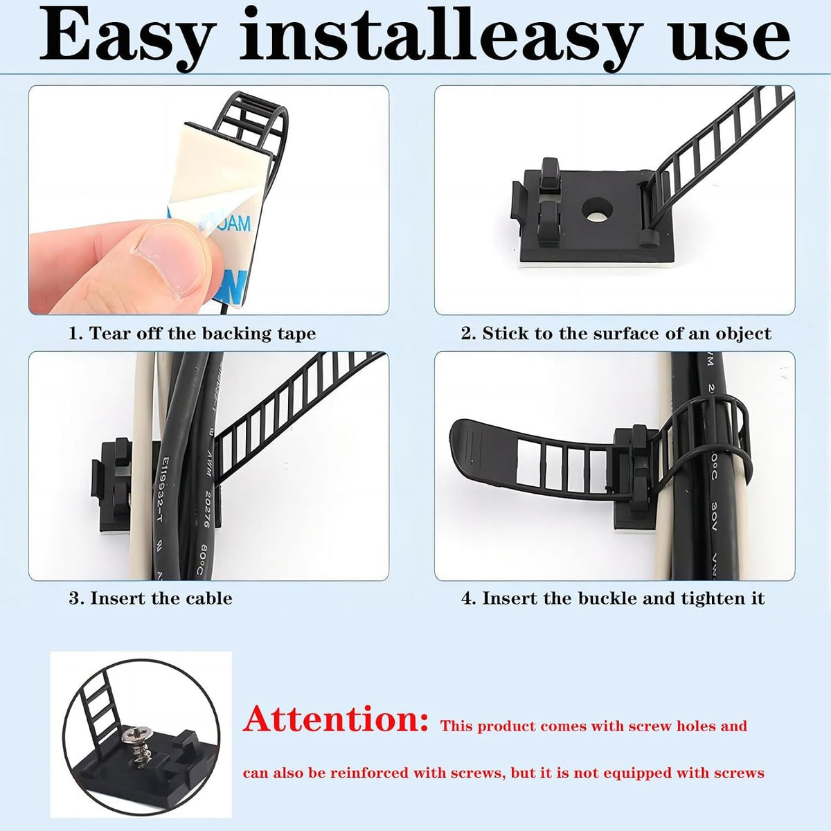Adjustable adhesive cable management clips 50Pcs, large self adhesive cable ties clips ，Suitable for cable management under desks and on walls(Black)