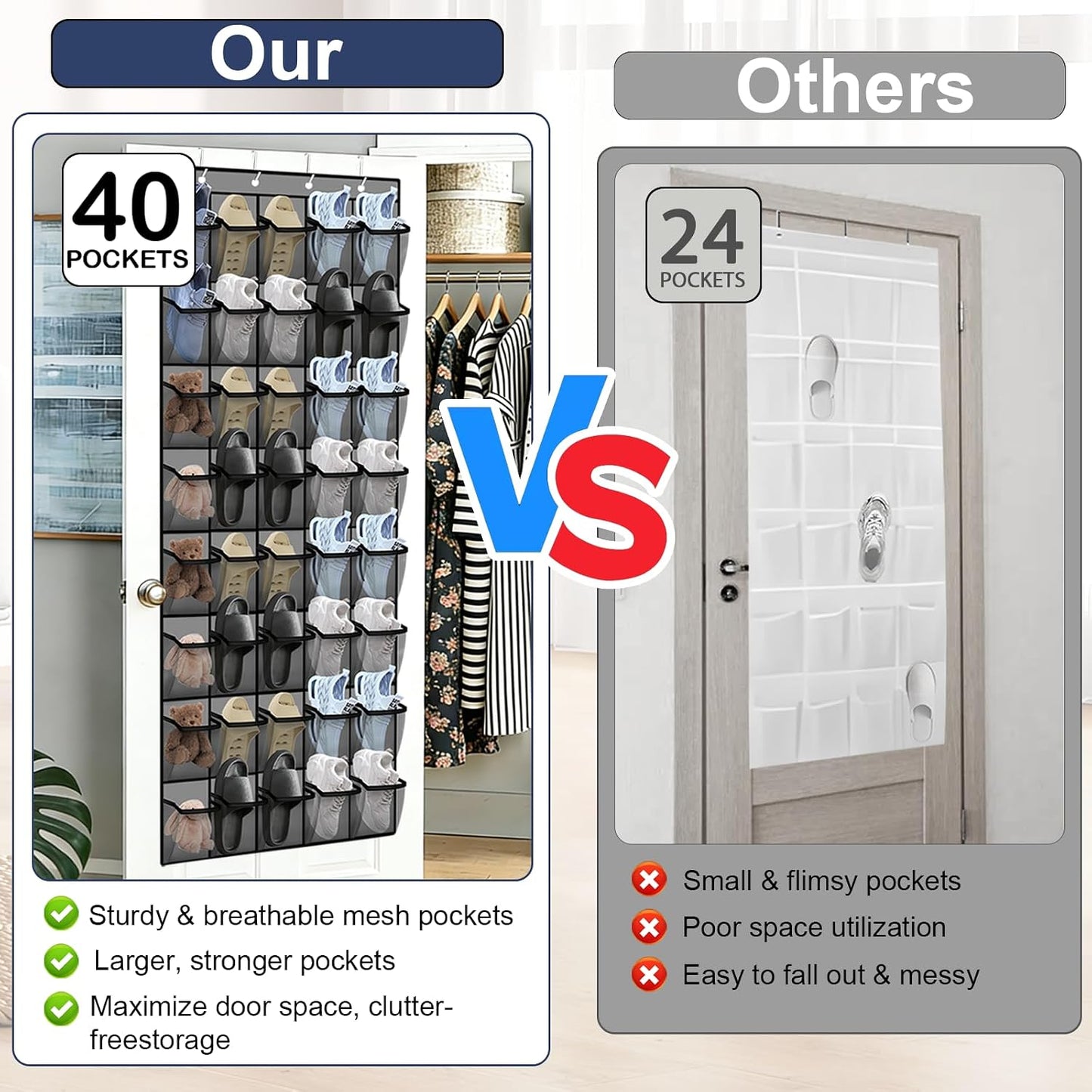 Over the Door Shoe Organizer - 24 Large Breathable Mesh Pockets, Space Saving Hanging Shoe Organizer with Metal Hooks, Hanging Shoe Rack for Men's and Women's Shoes (White)