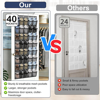 Over the Door Shoe Organizer - 24 Large Breathable Mesh Pockets, Space Saving Hanging Shoe Organizer with Metal Hooks, Hanging Shoe Rack for Men's and Women's Shoes (White)