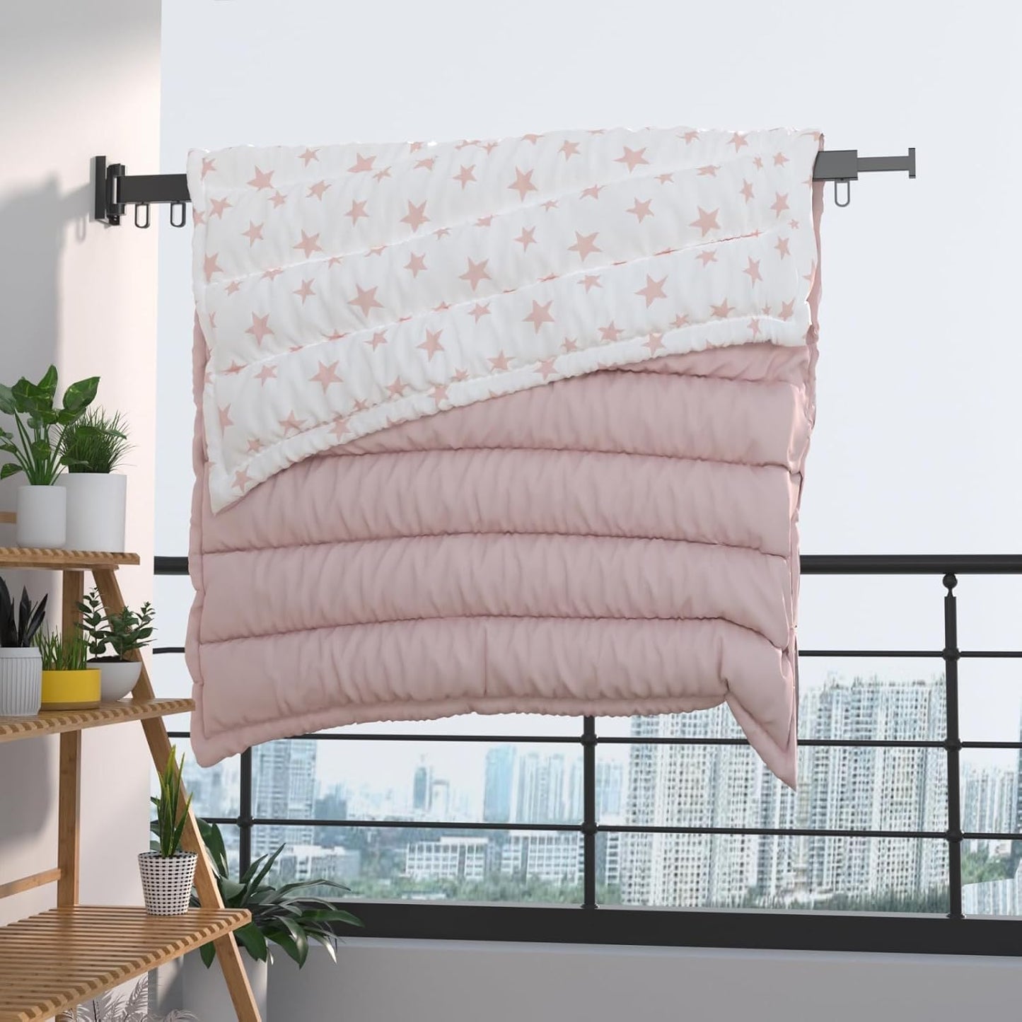 Wall Mounted Foldable Clothes Drying Rack with 18 Hooks, No-Drill, Black | Retractable with 18 Hooks, No-Drill/Drill Dual Installation, Space-Saving Aluminum, For Balcony, Bathroom, Indoor Outdoor