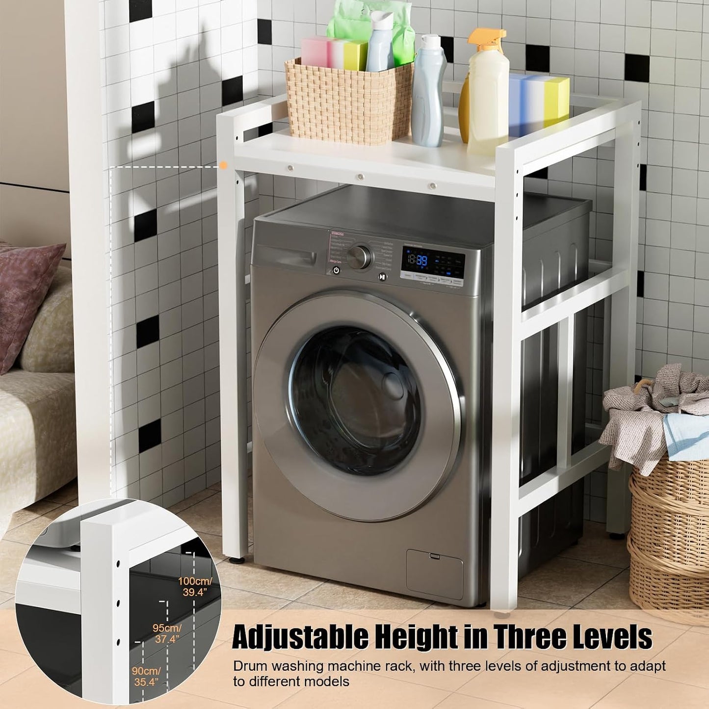 Washer Dryer Stacking Rack Stand, Over the Washer and Dryer Storage Shelf, Height Adjustable Standing Washer Dryer Machine Rack, Stackable Shelf for Laundry Room Apartments (White)