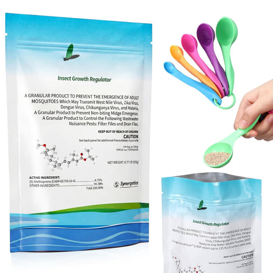 Biological Mosquito Control Pouches Dissolves in Water with Measuring Spoon Treats Up to 18744 Gallon 4.25% S-Methoprene IGR Larvae Won't Harm Fish Birds EPA Certified Rain Bath Pool 142g