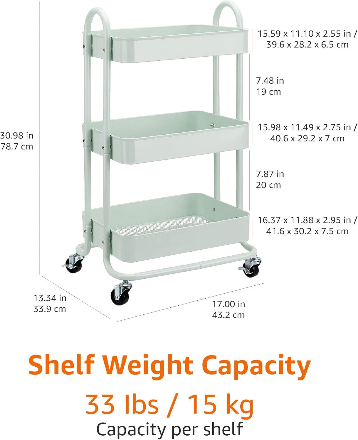 Amazon Basics 3-Tier Rolling Utility Cart, Storage Organizer, Lockable Wheels, Multifunctional Storage, Portable Mobile Shelving Unit, White