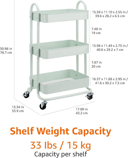 Amazon Basics 3-Tier Rolling Utility Cart, Storage Organizer, Lockable Wheels, Multifunctional Storage, Portable Mobile Shelving Unit, White