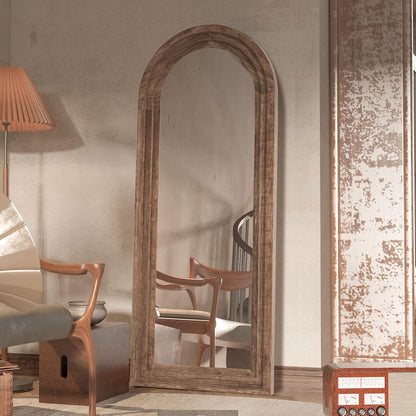 71x32 Inch Arched Full Length Mirror with Solid Wood Frame Wall Mounted Floor Mirror, Vertical Hanging Leaning Standing Mirror for Living Room, Bedroom, Entryway, Brown