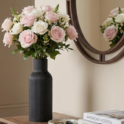 White Ceramic Flower Vases Set of 3, Modern Matte Vertical Ribbed, Nordic Minimalist Decor for Pampas, Dried & Fresh Flowers, Centerpiece for Living Room, Shelf, Entryway, Wedding,Office