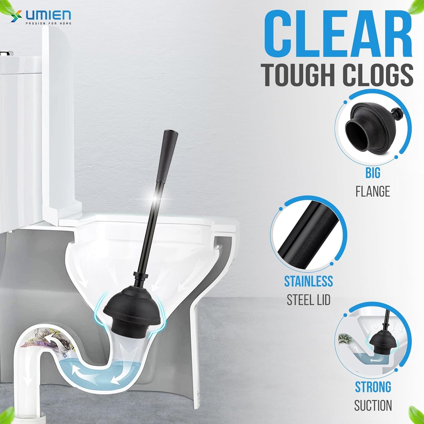 UMIEN Toilet Brush and Plunger Set 18-in - Updated 2025 No-Rust - Stainless Steel Design - Long Handles - with Freestanding Canister