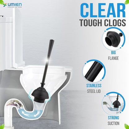 UMIEN Toilet Brush and Plunger Set 18-in - Updated 2025 No-Rust - Stainless Steel Design - Long Handles - with Freestanding Canister