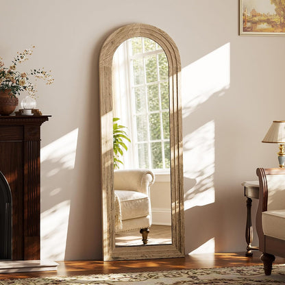 XRAMFY Full Length Mirror 65" x 22", Arched Large Floor Mirror with Solid Wood Frame, Freestanding & Wall Mounted, Antique Brown Finish for Bedroom Living Room