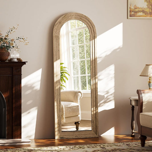 XRAMFY Full Length Mirror 65" x 22", Arched Large Floor Mirror with Solid Wood Frame, Freestanding & Wall Mounted, Antique Brown Finish for Bedroom Living Room