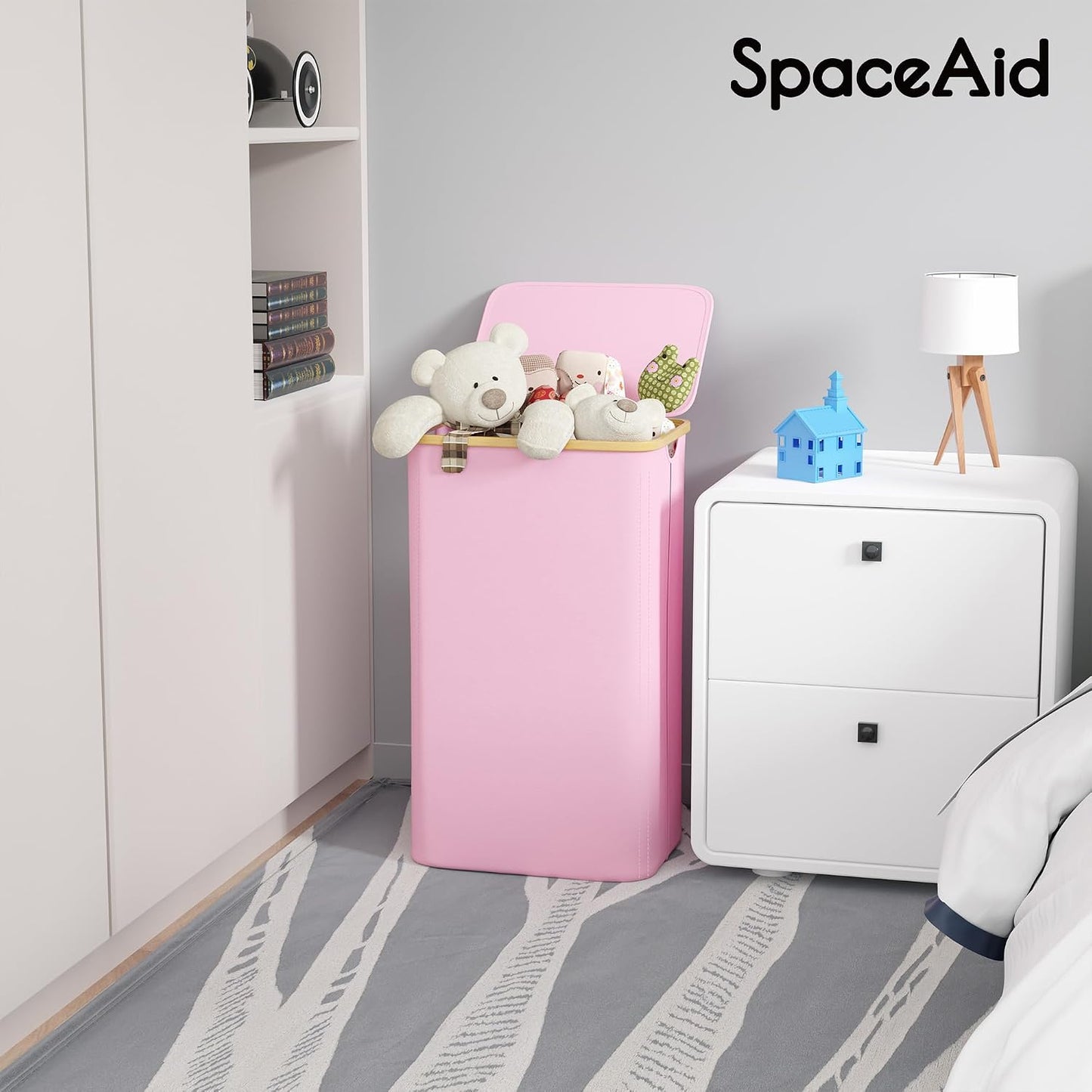 SpaceAid Double Laundry Hamper 2 Section with Lid and Removable Laundry Bags, 160L Clothes Basket with Bamboo Handles, Large Collapsible Hamper for Bedroom, Bathroom, Dorm, Laundry Room - White