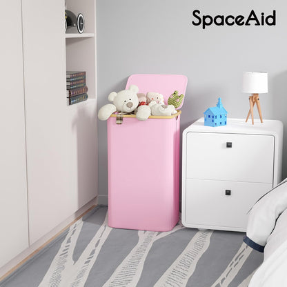 SpaceAid Double Laundry Hamper 2 Section with Lid and Removable Laundry Bags, 160L Clothes Basket with Bamboo Handles, Large Collapsible Hamper for Bedroom, Bathroom, Dorm, Laundry Room - White