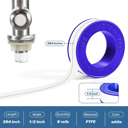 6 Rolls Premium Plumbers Tape, Teflon Tape, PTFE Thread Seal Tape, High-Density Thread Sealant, for Shower Head, Water Pipes (1/2 in X 394 in)
