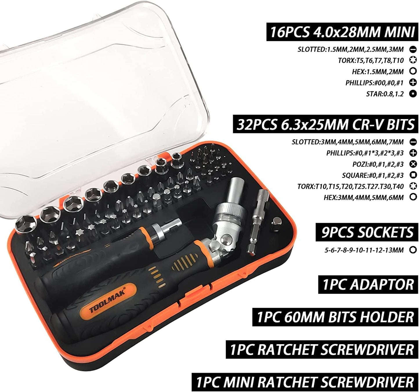 TOOLMAK 61pcs Ratcheting Screwdriver, Socket & Precision Bit Set | Cr-V Steel, Rotatable Handle, Storage Case Included, Ideal for Bike, Watch & Glasses Repair