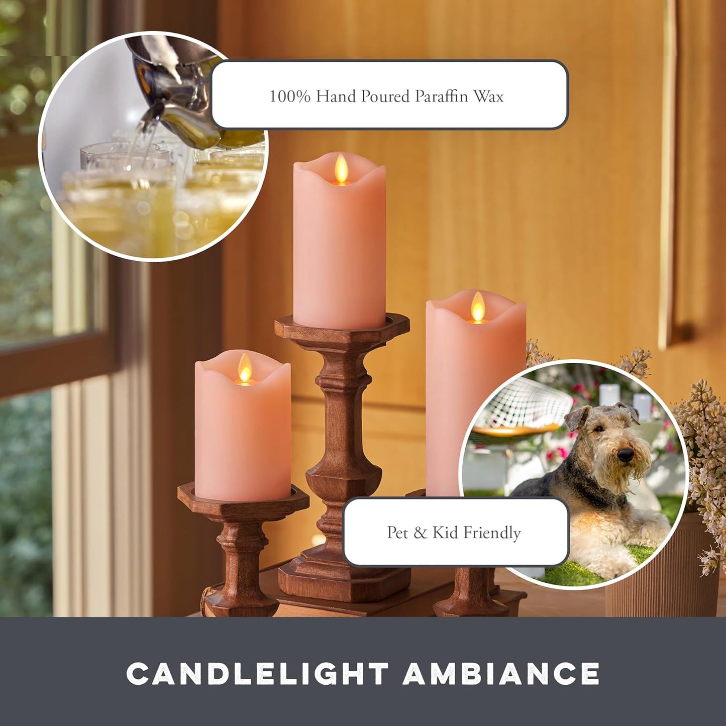 Matchless Candle Co. by Luminara Set of 3 Flameless LED Flickering Moving Flame Pillars (3" x 4.5", 5.5", 6.5"), Melted Unscented Real Wax Edge w/Smooth Finish, AA Battery Operated, Pearl Ivory
