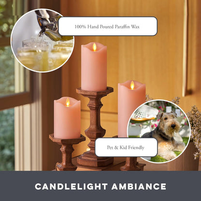 Matchless Candle Co. by Luminara Set of 3 Flameless LED Flickering Moving Flame Pillars (3" x 4.5", 5.5", 6.5"), Melted Unscented Real Wax Edge w/Smooth Finish, AA Battery Operated, Pearl Ivory
