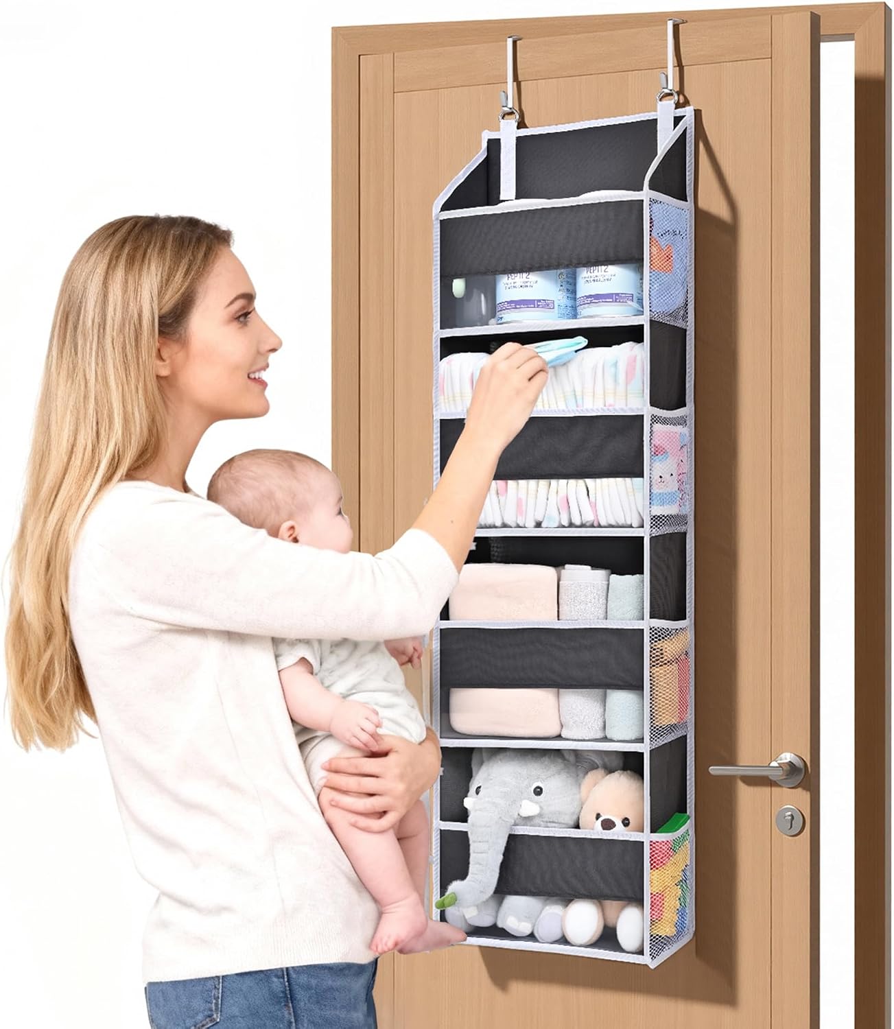 ULG Over the Door Organizer, 5-Tier Extra Large Hanging Storage with 10 Mesh Pockets, 100 lbs Capacity, Heavy Duty Door Organizer for Closet, Bedroom, Nursery Storage, Beige