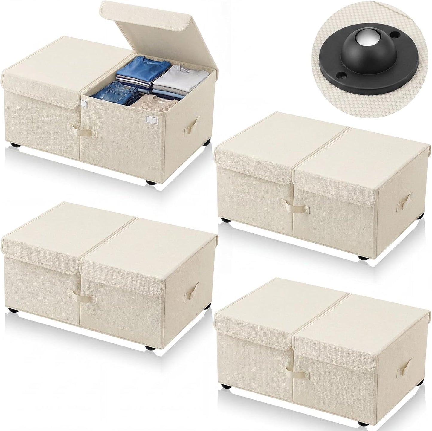 Geelin 4 Pack Under Bed Storage with Wheels, 10 Inch Height 65L Large Capacity Foldable Underbed Storage Bins with Lids & Handles, Easy Assembly Rolling Under Bed Containers for Clothes Blankets Shoes