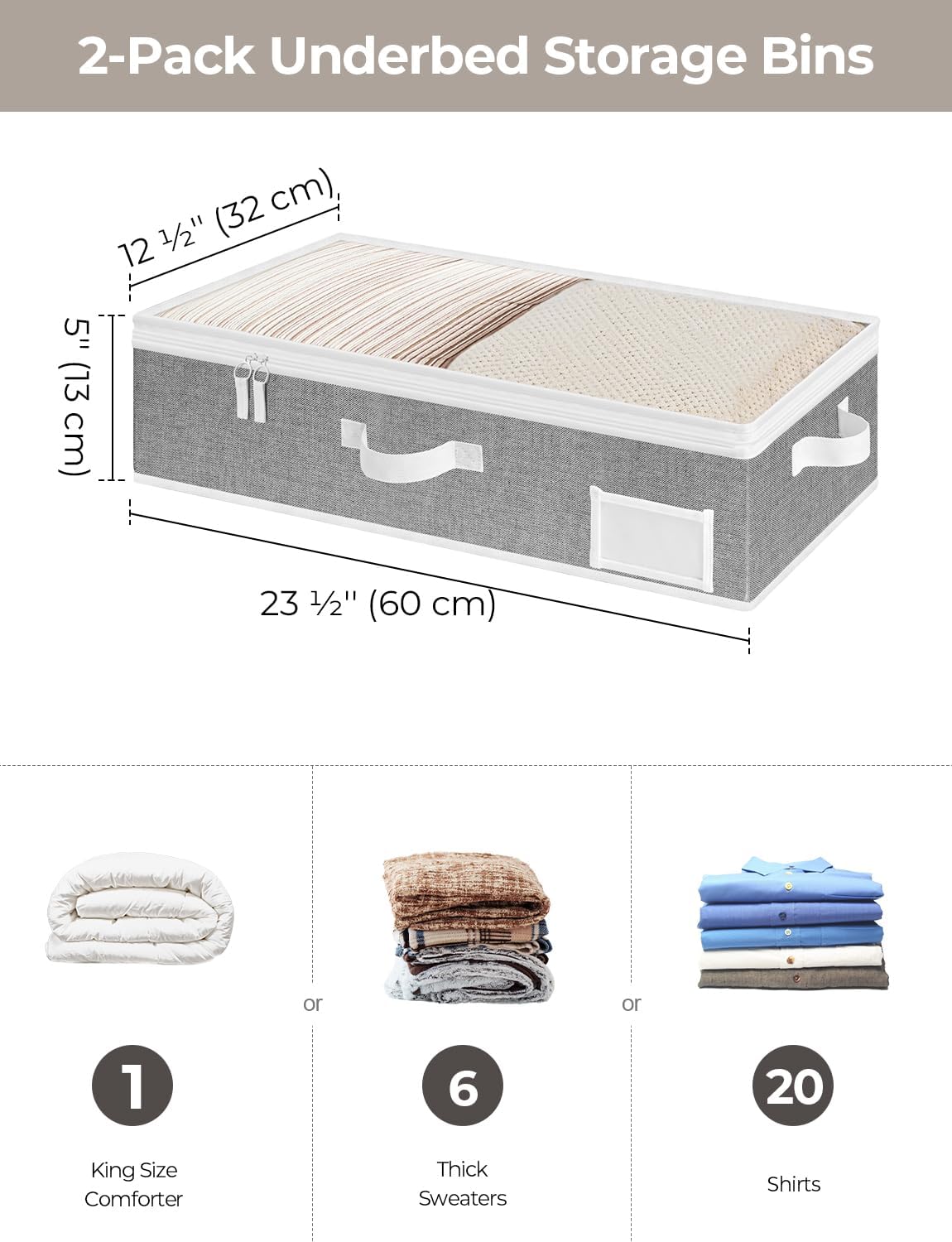 StorageWorks Large Under Bed Storage Containers with Handles and Label Holder, 2 Pack Ultra-thick Fabric Underbed Bins, Closet Organizer for Clothes, Blankets, Sweater