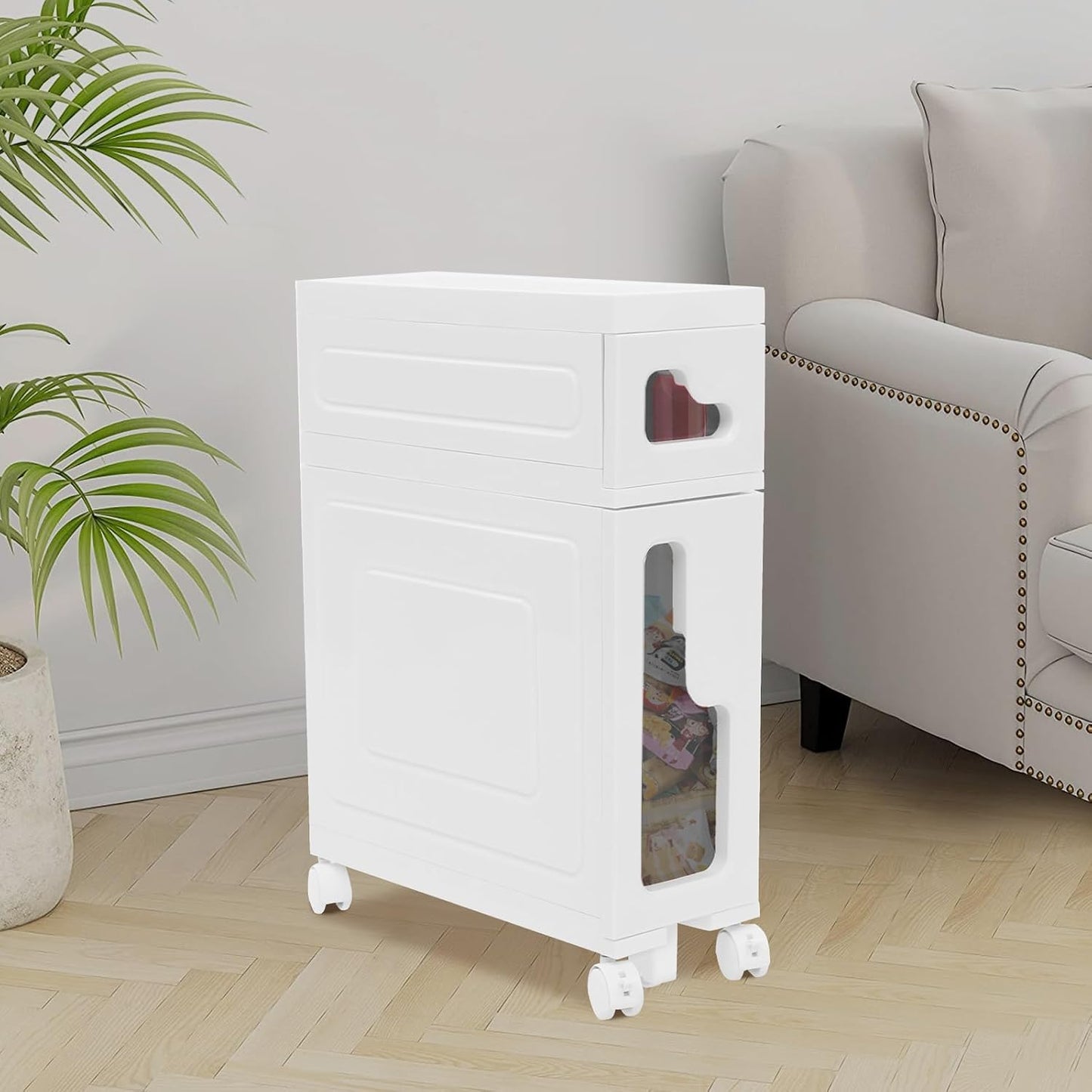 1 Tier Slim Bathroom Storage Cabinet, 15.7" L X 6.3" W X 16.9" H Slim Rolling Cart, 66.14 Lbs Load-Bearing Capacity Narrow Storage Cabinet for Living Room, Kitchen, Bathroom, Office