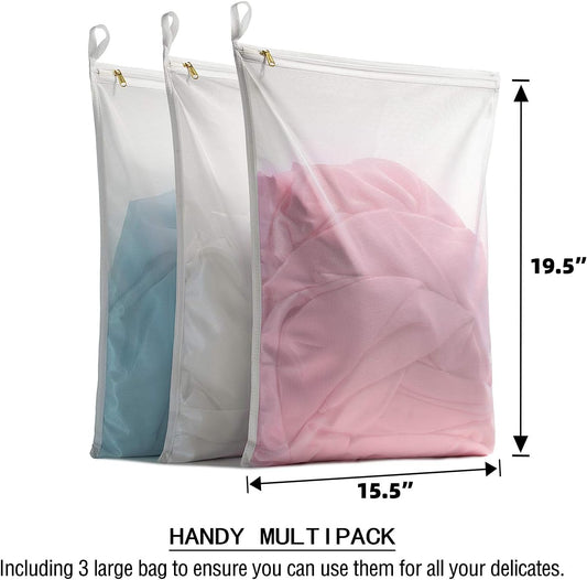 TENRAI Delicates Laundry Bags, Bra Fine Mesh Wash Bag for Underwear, Lingerie, Bra, Pantyhose, Socks, Use YKK Zipper, Have Hanger Loops, (White, 3 Large)