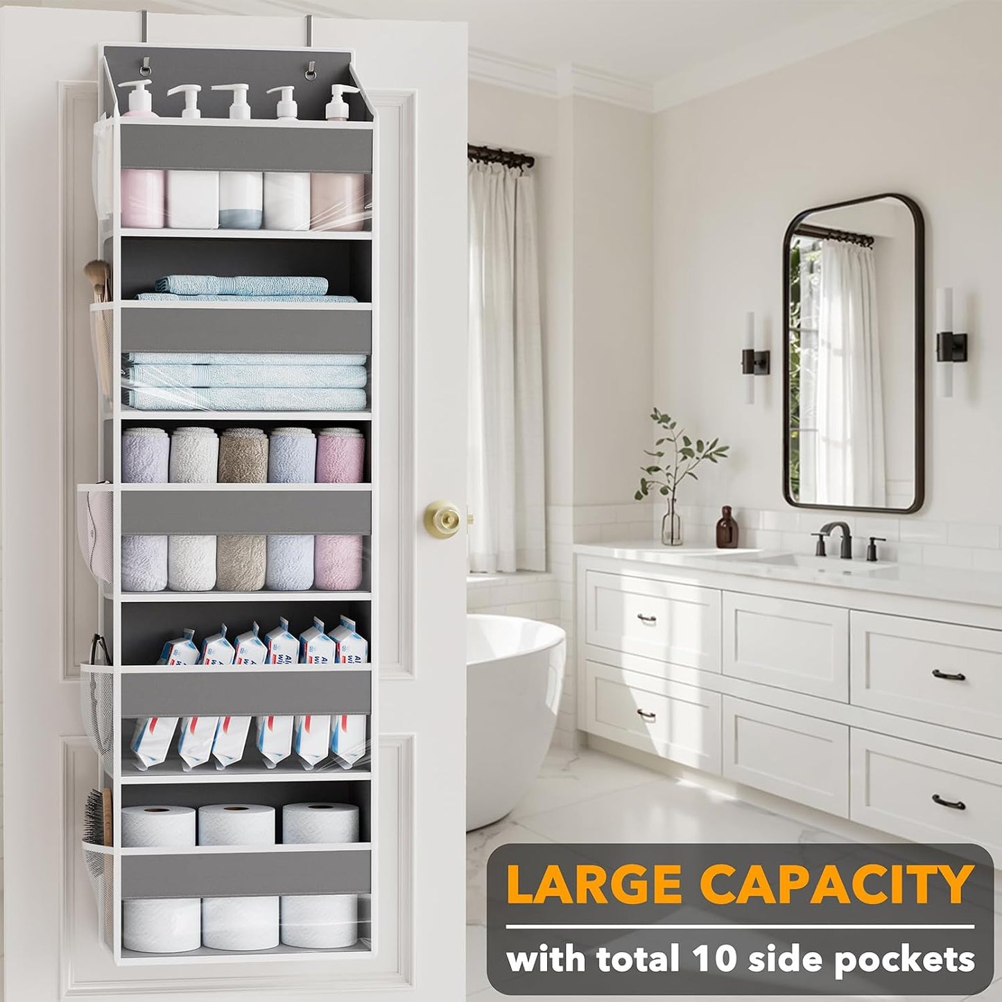 SpaceAid 1 Pack Over The Door Organizer with 5 Large Pockets and 10 Mesh Side Pockets, 5 Layers Door Organizer Hanging with Clear Window for Bedroom, Bathroom, Pantry and Nursery, Gray