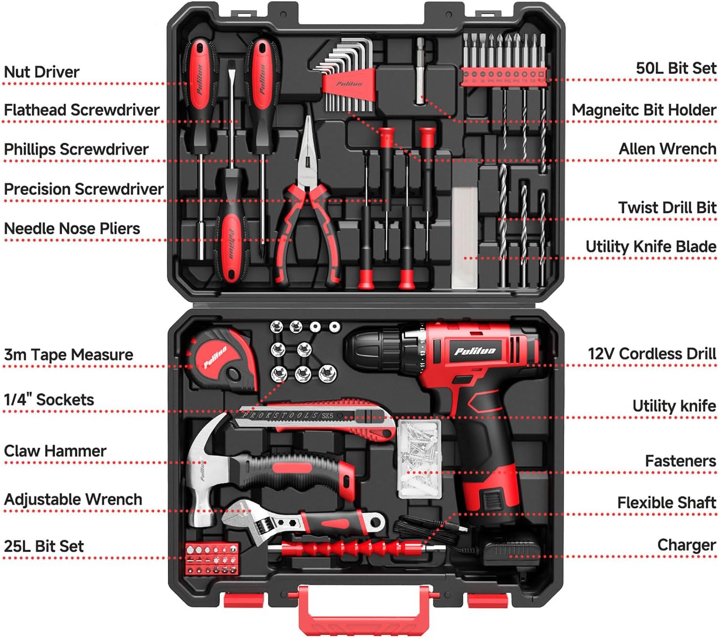 PULITUO Drill Set, 149-Piece Home Tool Set with 12V Pink Cordless Drill, Tool Box, Hand Tool Kits for Women & Men and DIY Enthusiasts, for Home Improvement